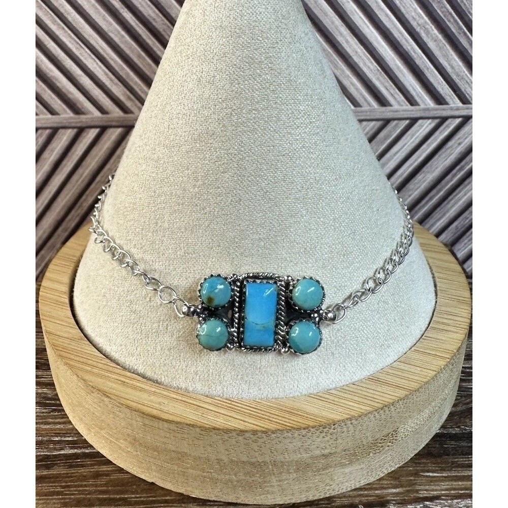 Southwest Sterling Silver Kingman Turquoise Bar Chain Bracelet 7.75 Adj